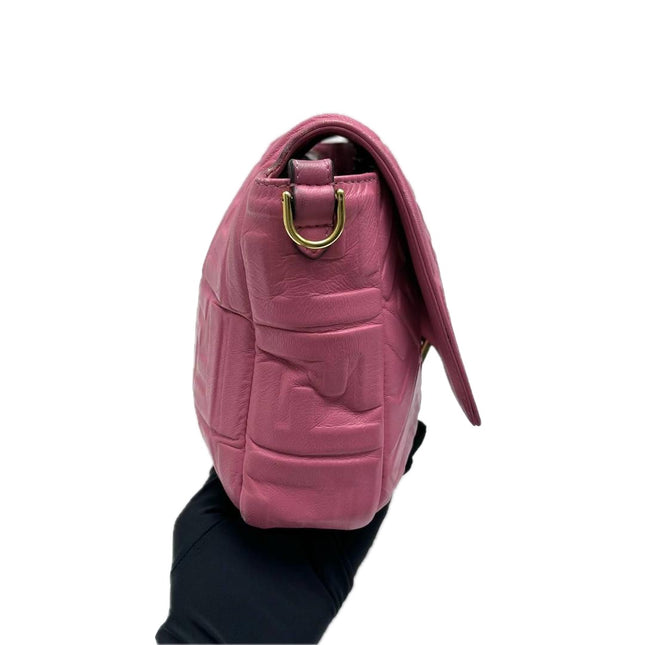 Fendi Baguette Large Pink Leather 3D FF Motif Crossbody Bag