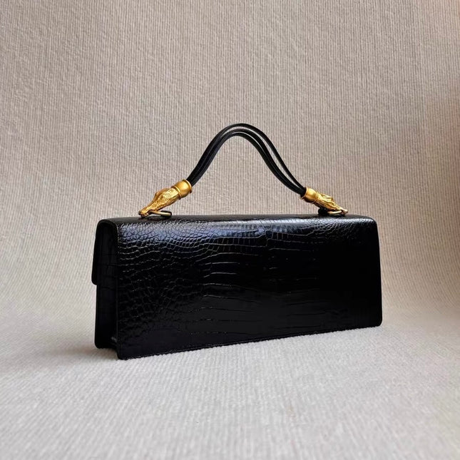 Hiroko Koshino Black Crocodile Print Calfskin Leather East West Clutch Bag