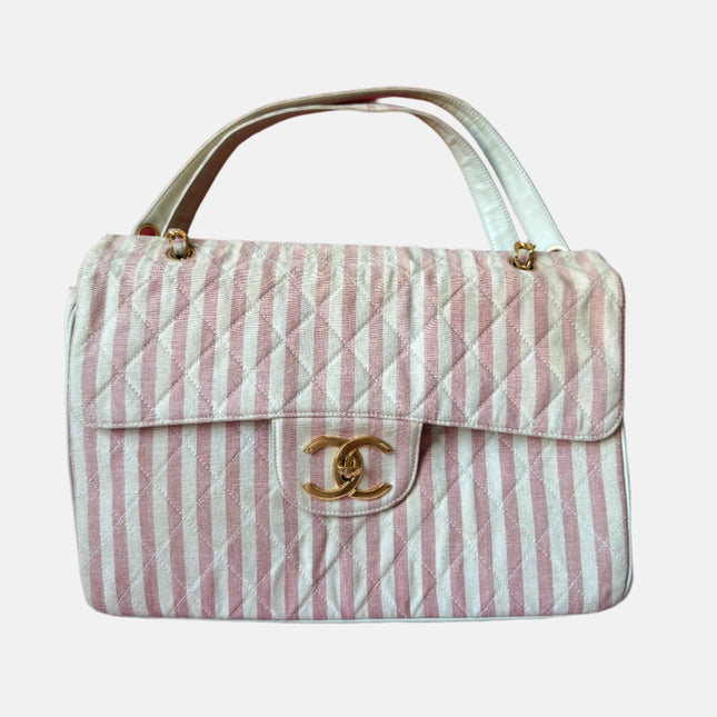 Chanel Vintage XXL Maxi Pink Striped Travel Flap Bag Canvas Gold Hardware-Luxbags