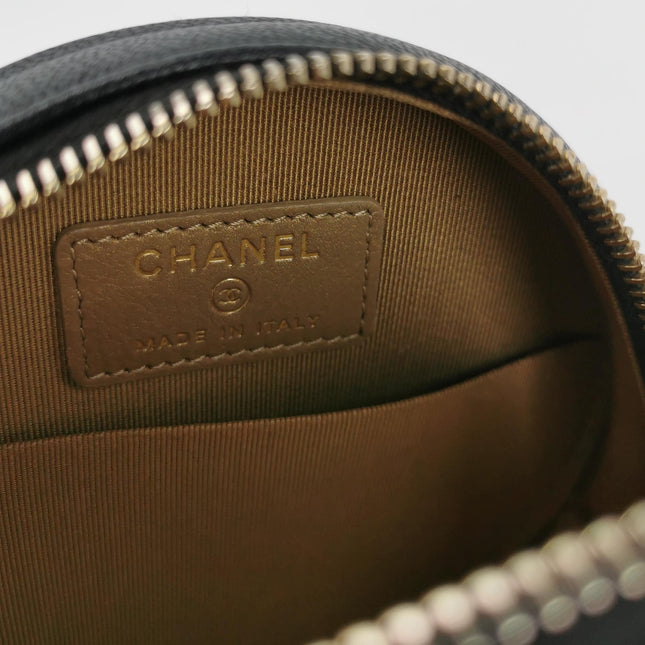 Chanel Round Black Lambskin Leather Crossbody Bag with Matelasse Chain and Pearls