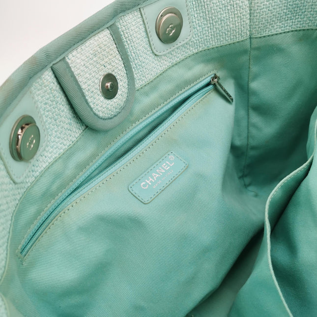 Chanel Deauville Tote Light Blue Cloth Leather Chain Handle Small 34cm