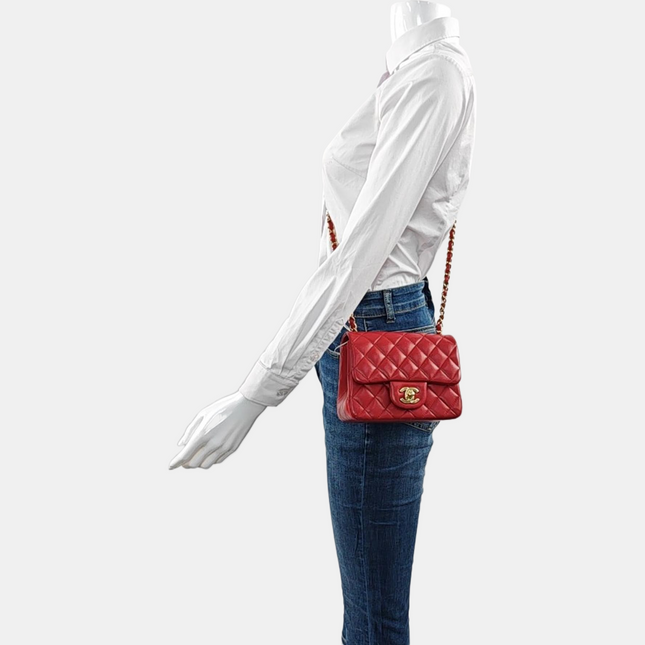 Chanel Classic Flap Mini Square Red Lambskin Leather Gold Hardware