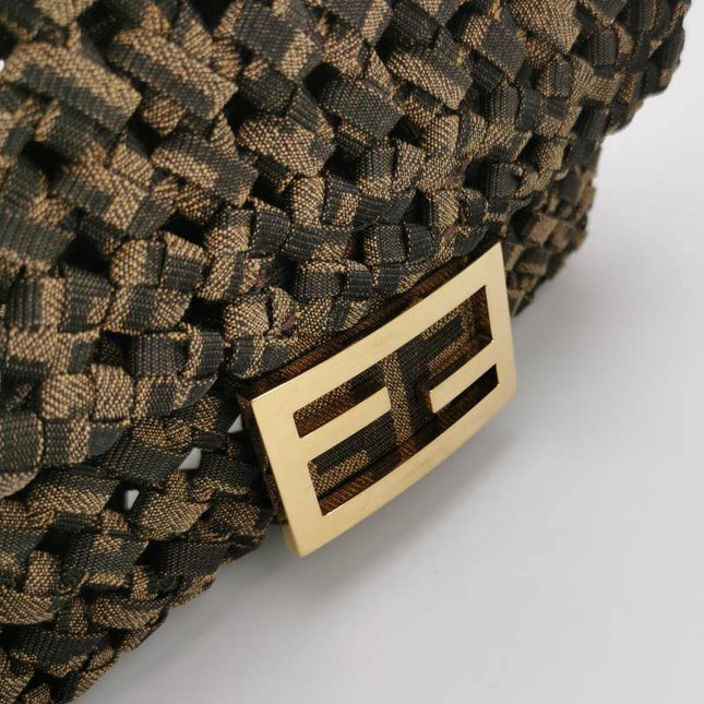 Fendi Baguette Mini Canvas Crochet Zucca Dark Green and Gold Hardware
