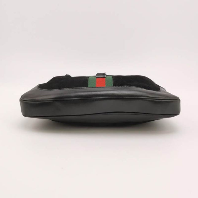 Gucci Jackie Vintage Medium Black Leather Suede Green Web Shoulder Bag