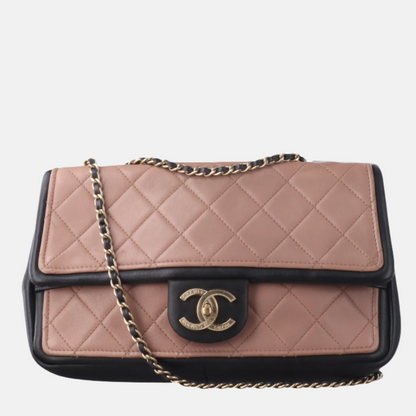 Chanel Classic Flap Bag Calfskin Leather 2014 Medium Nude Pink with Black Trim