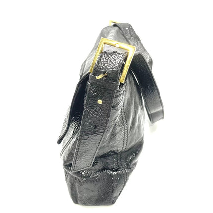 FENDI Baguette Large Black Crinkled Patent Leather Shoulder Bag