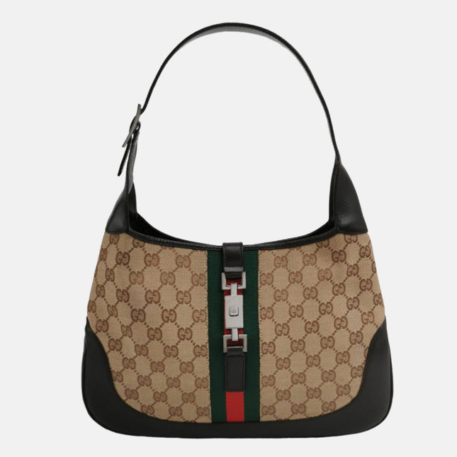Gucci Jackie Vintage Medium Monogram Canvas Black Leather Shoulder Bag-Luxbags