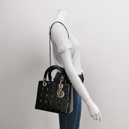 Lady Dior Medium Black Patent Leather Handbag with Silver Hardware