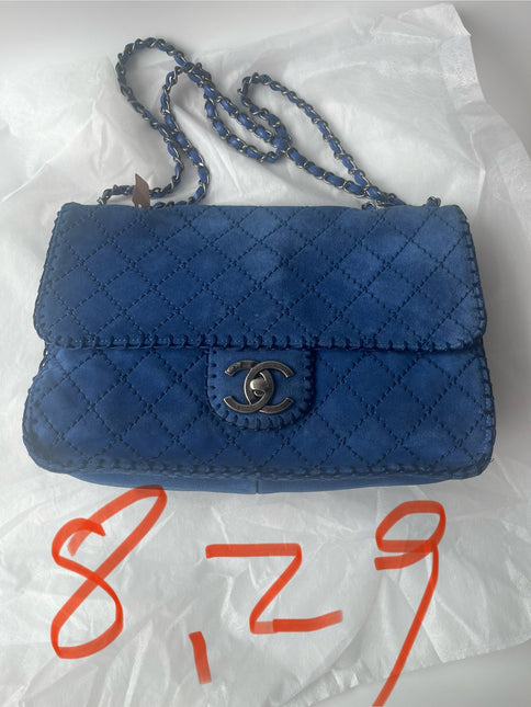 Chanel Royal Blue Suede Whipstitch Flap Jumbo Bag Silver Hardware