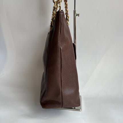 Chanel Vintage Front Pocket Tote Chocolate Brown Caviar Leather Double Gold Leather Chain