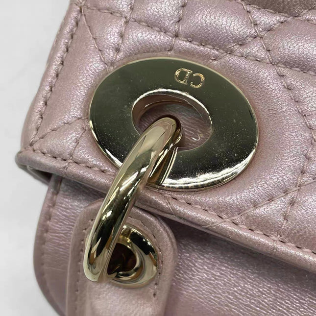 Lady Dior Mini 2016 Pearlescent Pink Lambskin Leather Gold Chain Strap
