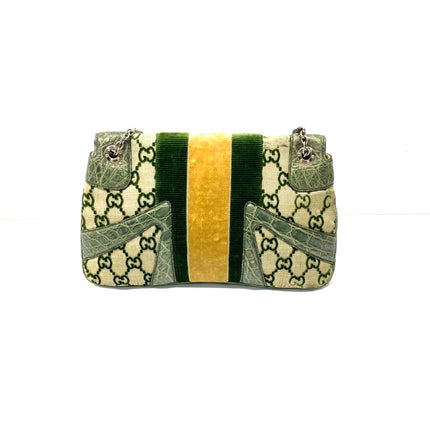 Gucci Jeweled Dragon Bag Green Crocodile and GG Velvet Bamboo Chain Strap Shoulder Bag