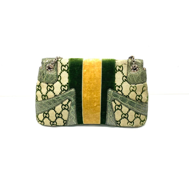 Gucci Jeweled Dragon Bag Green Crocodile and GG Velvet Bamboo Chain Strap Shoulder Bag