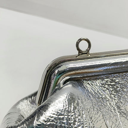Fendi First Small Silver Shiny Calfskin Leather Clutch with Shoulder Strap