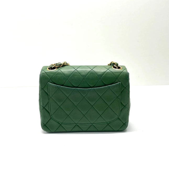 Chanel Vintage Classic Flap Mini Square Green Lambskin 24k Gold HW, 1989-1991
