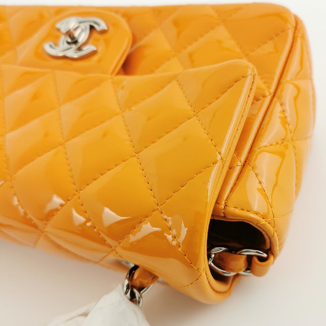Chanel Classic Flap Mini Orange Patent Leather Silver Hardware
