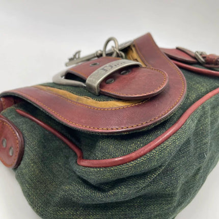 Dior Vintage Gaucho Mini Green Denim Burgundy Leather Crossbody Bag 2006