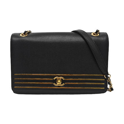 Chanel Captain Gold Small Flap Bag Black Caviar Leather Shoulder Bag
