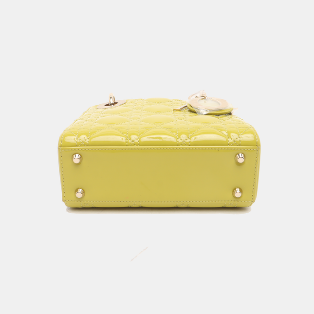 Lady Dior Mini Handbag Yellow Patent Leather Gold-tone Chain Strap