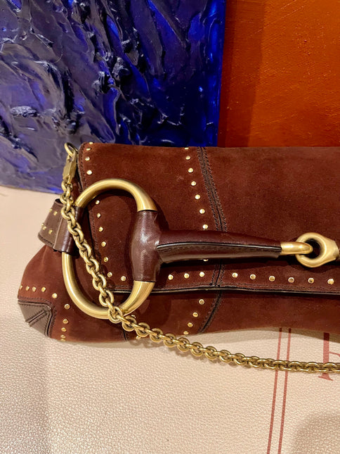 Sold Gucci Horsebit 1955 Chain Suede leather bag in Burgundy with gold studs