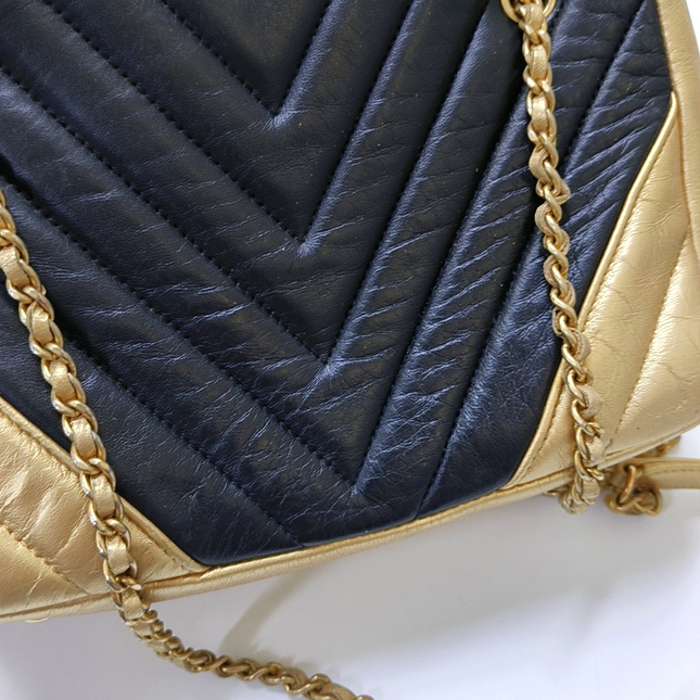 Chanel Camera Bag Chevron Stitching Black Gold Lambskin Leather Double Gold Chain, 2014