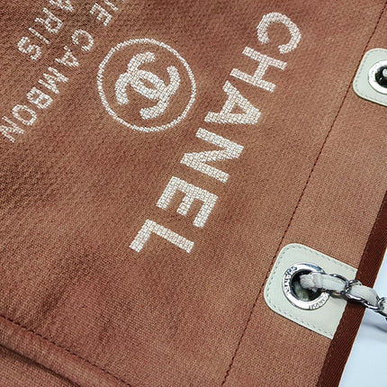 Chanel Deauville Tote Red Cloth Leather Chain Strap Small 34cm