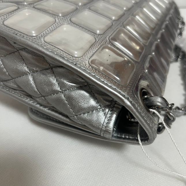 Chanel Ice Cube Chocolate Bar Classic Flap Metallic Silver PVC with Leather