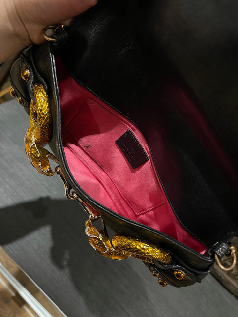 Gucci Horsebit 1955 Small Black Leather Embellished Snake Head Buckle