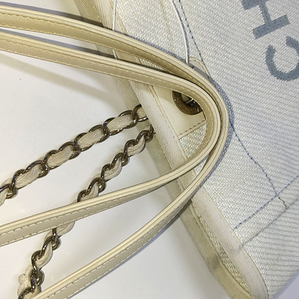Chanel Deauville Tote Light Blue Denim Leather Trim Small 32cm