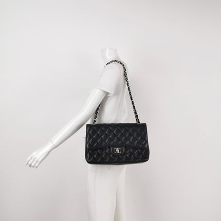 Chanel Classic Flap Jumbo Black Caviar Leather Double Flap Silver Hardware