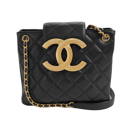 Chanel CC Small Shoulder Bag Giant Gold-tone CC Logo Black Lambskin Leather-Luxbags
