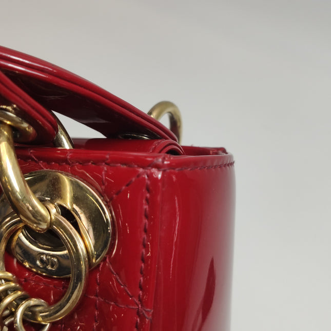 Lady Dior Mini 2019 Red Burgundy Patent Leather Gold Hardware Suede Interior Chain Strap