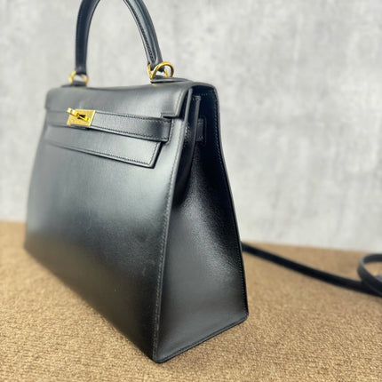 Hermes Kelly 32 Sellier Black Box Leather Double Ring Gold HW