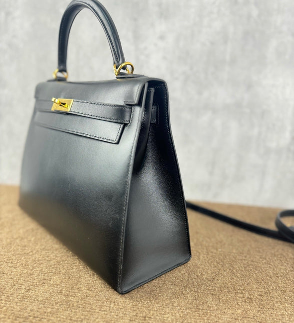Hermes Kelly 32 Sellier Black Box Leather Double Ring Gold HW