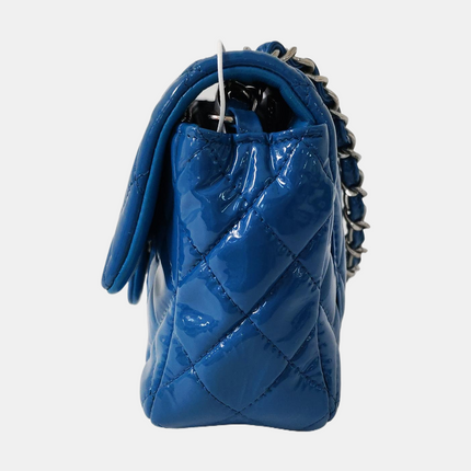 Chanel Classic Flap Mini Blue Patent Leather Silver Hardware