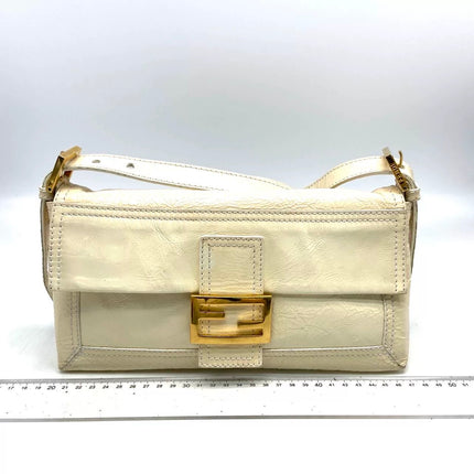 FENDI Baguette White Crinkled Patent Leather Shoulder Bag-Luxbags