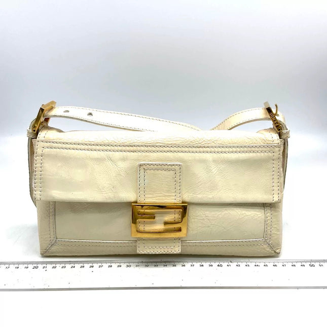 FENDI Baguette White Crinkled Patent Leather Shoulder Bag-Luxbags