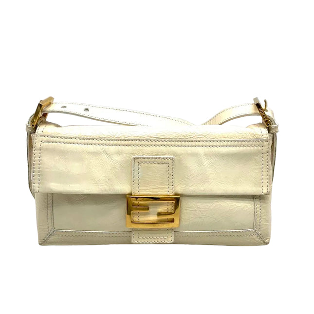 FENDI Baguette White Crinkled Patent Leather Shoulder Bag-Luxbags