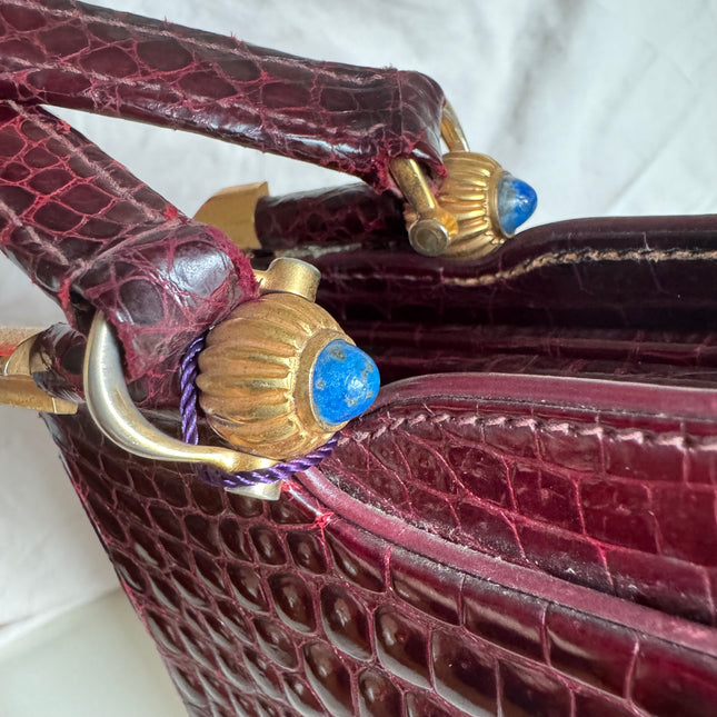 Gucci Vintage Burgundy Alligator Leather Blue Lapis Lazuli Stone Gold-tone Hardware Handbag