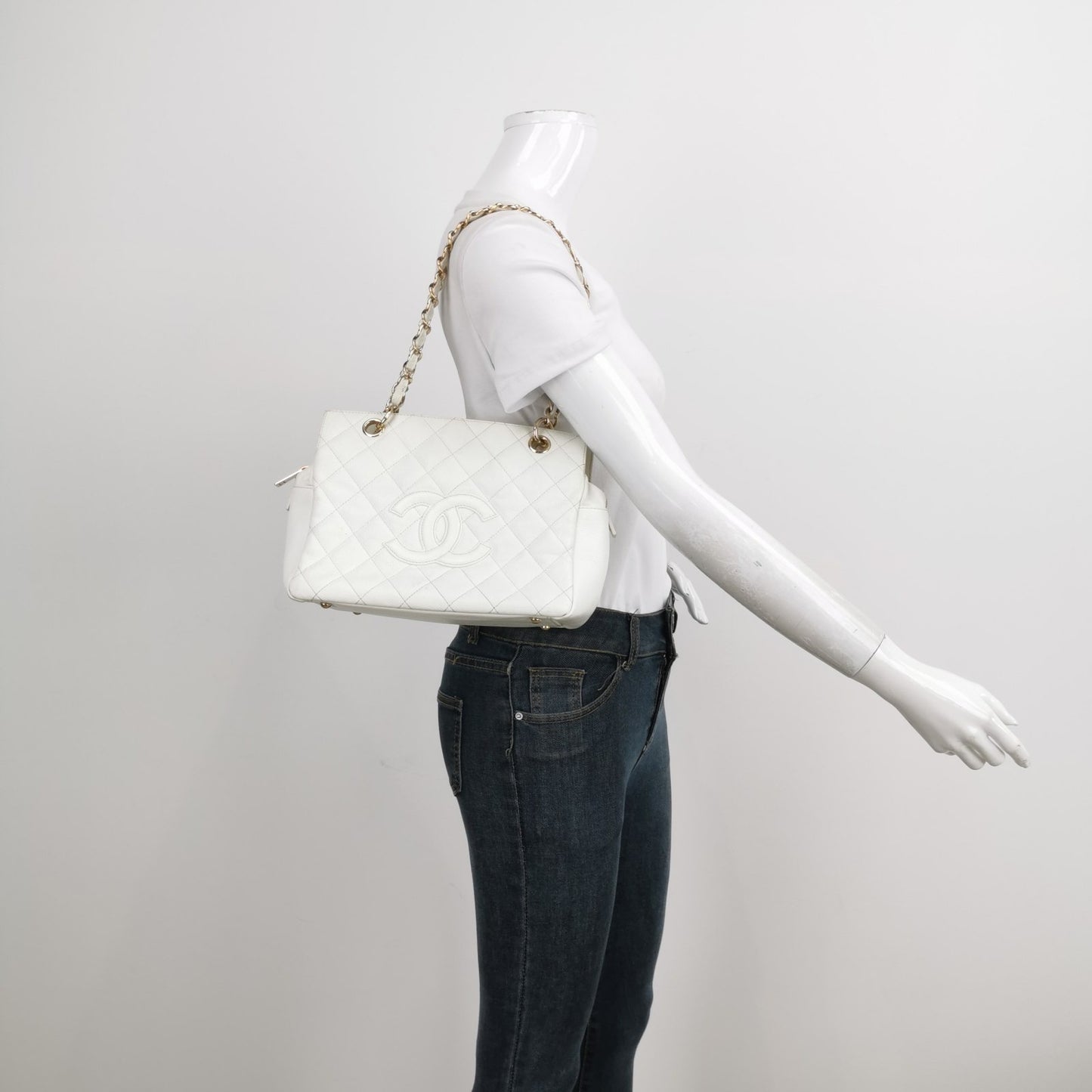 Chanel PST Petite Shopping Tote 2002 White Caviar Leather Chain Bag