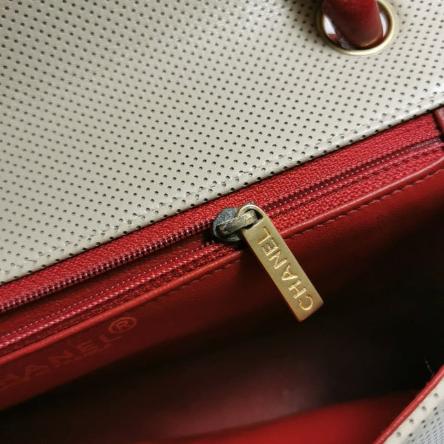 Chanel Vintage Classic Flap Bi-color Beige Perforated Leather and Red Leather Strap Bag, 2000-2002