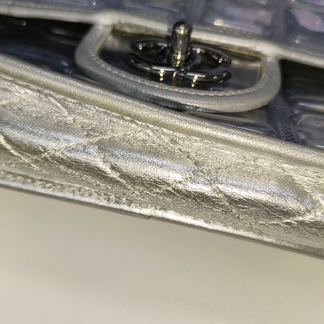 Chanel Ice Cube Chocolate Bar Classic Flap Metallic Silver PVC with Leather