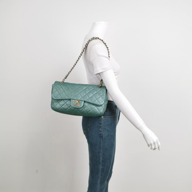 Chanel Classic Flap 2011 Large Teal Green Gem CC Turn lock