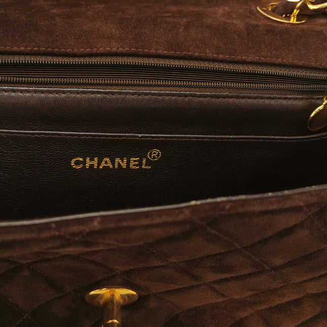 Chanel Classic Flap Maxi Chocolate Brown Suede Leather Giant Gold CC Logo