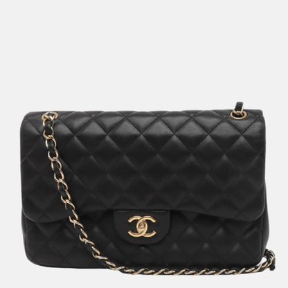 Chanel Classic Flap Jumbo 2010 Black Lambskin Leather Double Flap with Gold Hardware-Luxbags