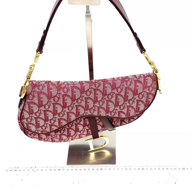 Dior Saddle Vintage Medium Red Burgundy Monogram Oblique Shoulder Bag 2002