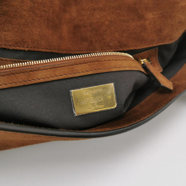 Fendi Baguette Selleria Suede Leather Crossbody Bag Medium Caramel Tan
