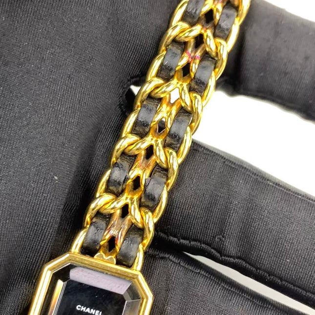 CHANEL Vintage PREMIERE Watch Small Black Leather and 24KT Yellow Gold Plated