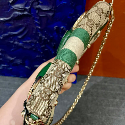 Gucci Horsebit 1955 Chain Bag Gucci Monogram Green Leather and Gold Studs