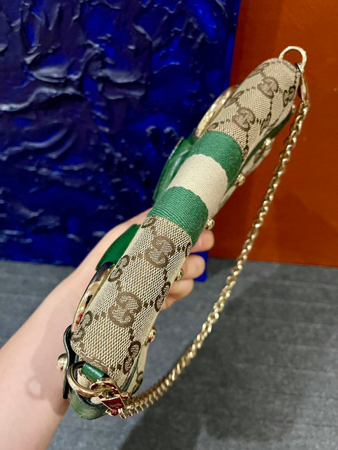 Gucci Horsebit 1955 Chain Bag Gucci Monogram Green Leather and Gold Studs